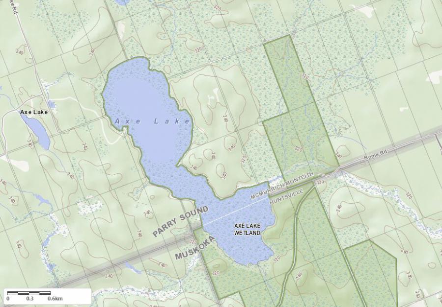 Topographical Map of Axe Lake in Municipality of McMurrich and the District of Parry Sound
